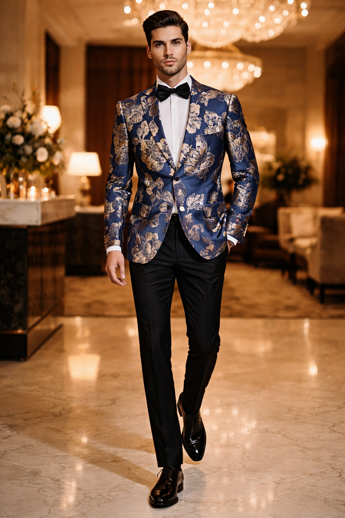 Mens Navy Blue and Gold Floral Tuxedo Jacket  Luxury Slim Fit Blazer with Gold Pattern Paisley Pattern Matching Bowtie