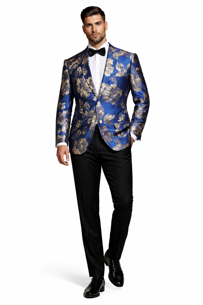 Mens Navy Blue and Gold Floral Tuxedo Jacket  Luxury Slim Fit Blazer with Gold Pattern Paisley Pattern Matching Bowtie