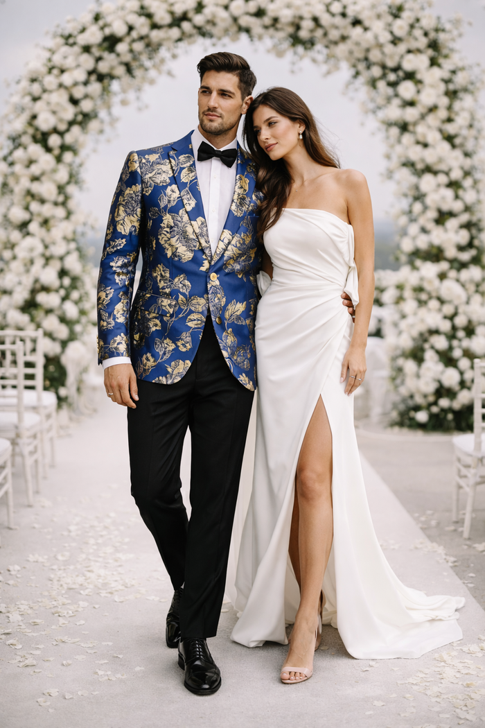 Mens Navy Blue and Gold Floral Tuxedo Jacket  Luxury Slim Fit Blazer with Gold Pattern Paisley Pattern Matching Bowtie