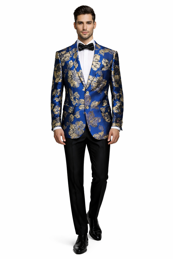 Mens Navy Blue and Gold Floral Tuxedo Jacket  Luxury Slim Fit Blazer with Gold Pattern Paisley Pattern Matching Bowtie