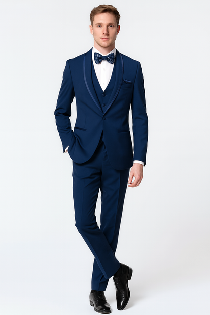 Mens Navy Blue with Blue Trim Three-Piece Tuxedo with Satin Shawl Lapel and Bow Tie Wedding Suit
