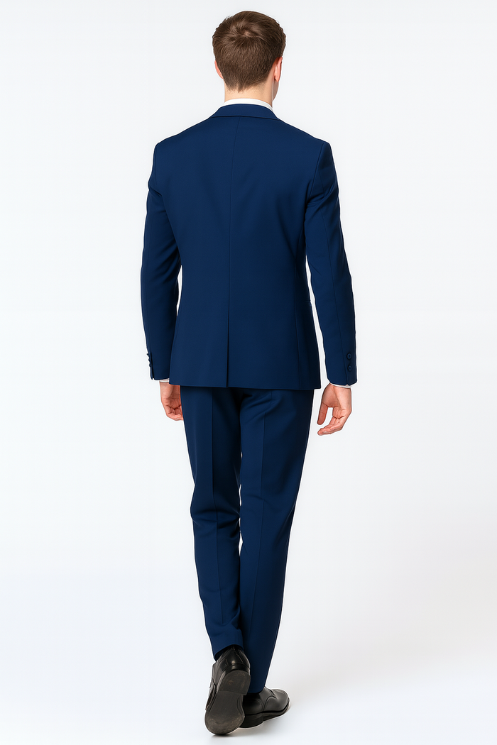 Mens Navy Blue with Blue Trim Three-Piece Tuxedo with Satin Shawl Lapel and Bow Tie Wedding Suit