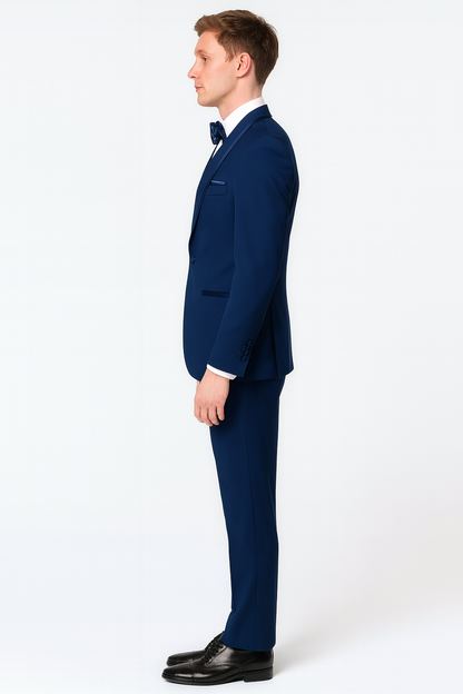 Mens Navy Blue with Blue Trim Three-Piece Tuxedo with Satin Shawl Lapel and Bow Tie Wedding Suit