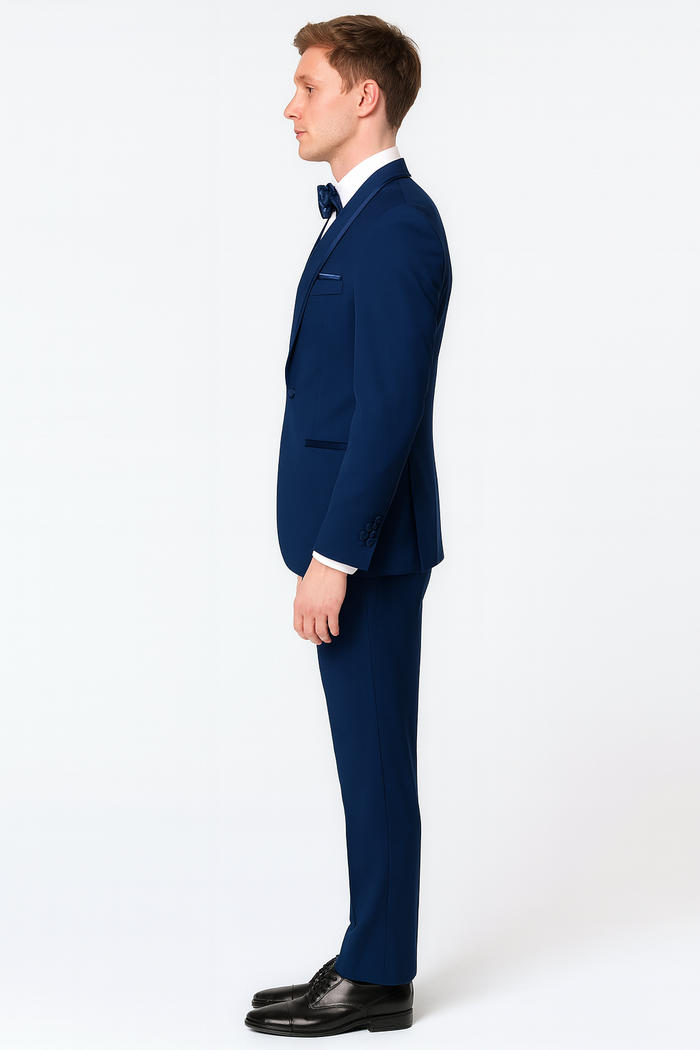 Mens Navy Blue with Blue Trim Three-Piece Tuxedo with Satin Shawl Lapel and Bow Tie Wedding Suit