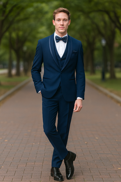 Mens Navy Blue with Blue Trim Three-Piece Tuxedo with Satin Shawl Lapel and Bow Tie Wedding Suit