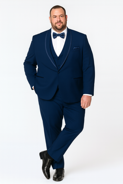 Mens Navy Blue with Blue Trim Three-Piece Tuxedo with Satin Shawl Lapel and Bow Tie Wedding Suit