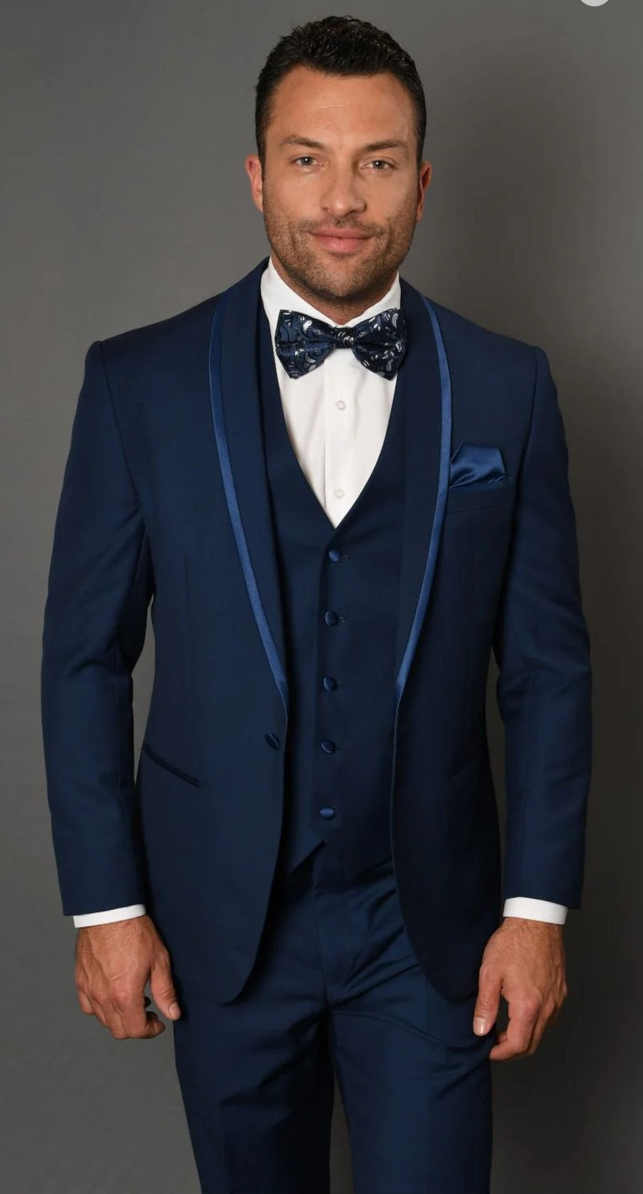 Mens Navy Blue with Blue Trim Three-Piece Tuxedo with Satin Shawl Lapel and Bow Tie Wedding Suit