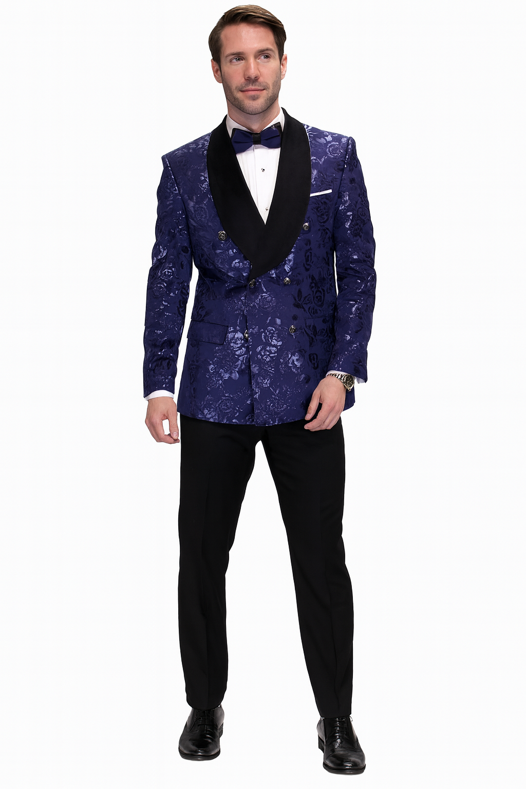 Mens Navy Floral Jacquard Tuxedo Jacket  Double Breasted Blazer with Black Shawl Lapel