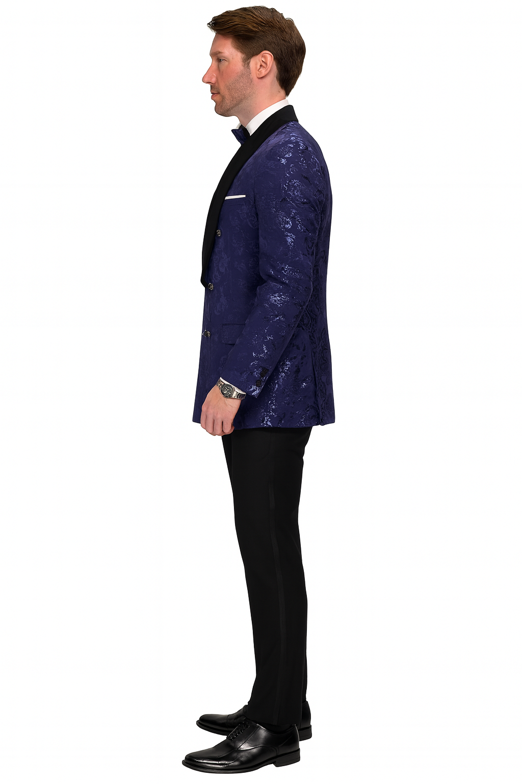 Men’s Navy Floral Jacquard Tuxedo Jacket – Double Breasted Blazer with Black Shawl Lapel