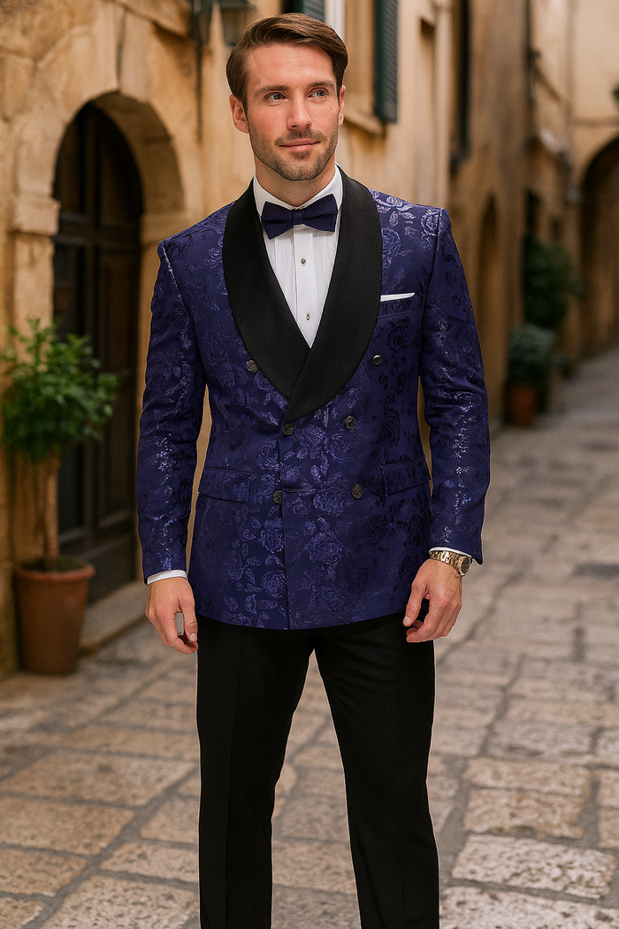 Mens Navy Floral Jacquard Tuxedo Jacket  Double Breasted Blazer with Black Shawl Lapel