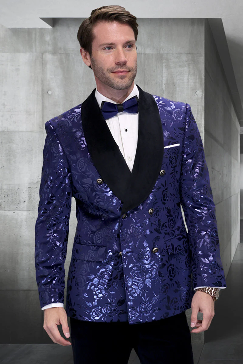 Men’s Navy Floral Jacquard Tuxedo Jacket – Double Breasted Blazer with Black Shawl Lapel
