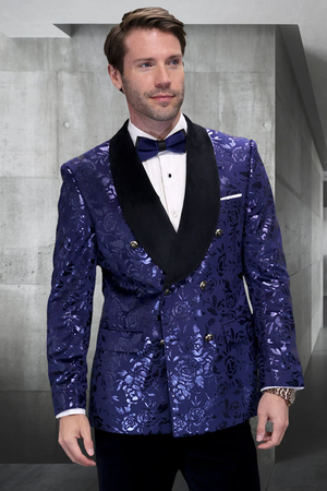 Mens Navy Floral Jacquard Tuxedo Jacket  Double Breasted Blazer with Black Shawl Lapel