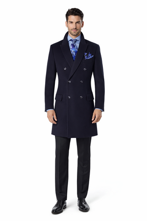 "Men's Navy Wool Peacoat  Double Breasted 3/4 Length Overcoat"