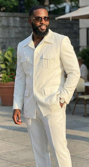 Mens Off White Casual Safari Suit Pocket Front BP8102