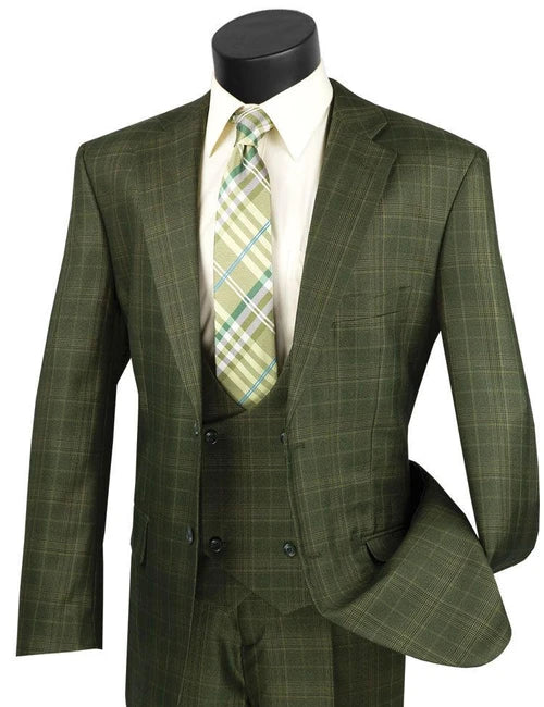 Mens Olive Green Plaid 3 Piece Suit Low Cut Vest 1920s Vinci V2RW-7