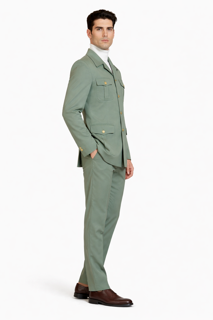 Mens Olive Green Safari Suit Set with Utility Jacket and Adjustable Waist Pants