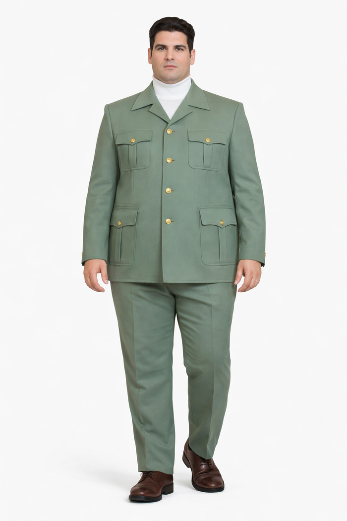 Mens Olive Green Safari Suit Set with Utility Jacket and Adjustable Waist Pants