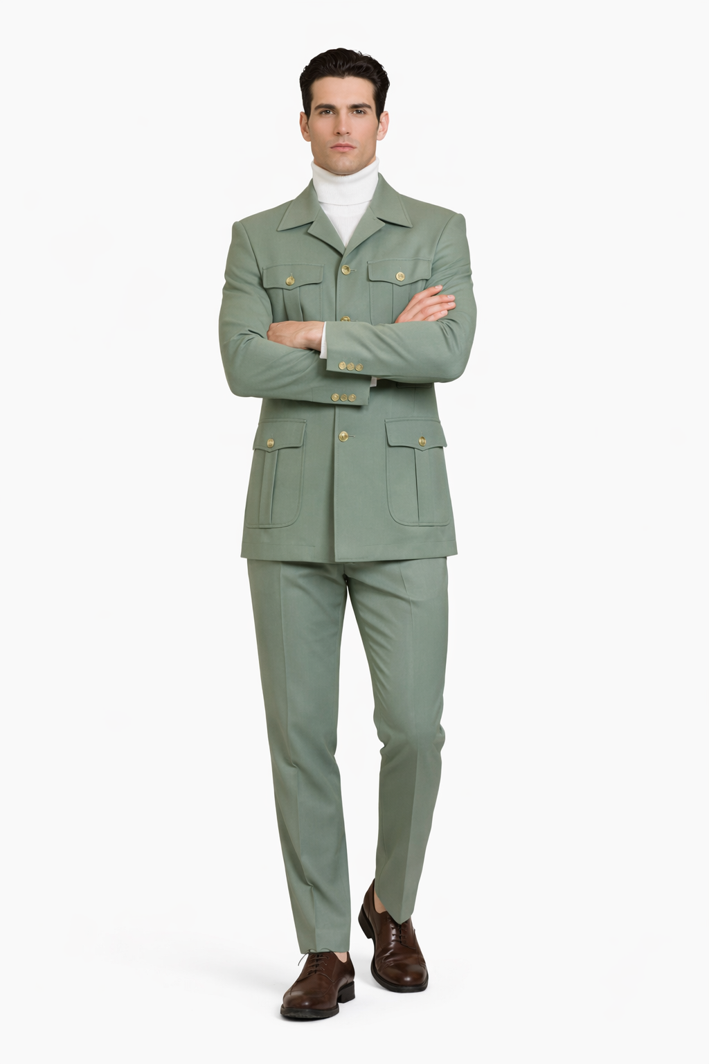 Mens Olive Green Safari Suit Set with Utility Jacket and Adjustable Waist Pants