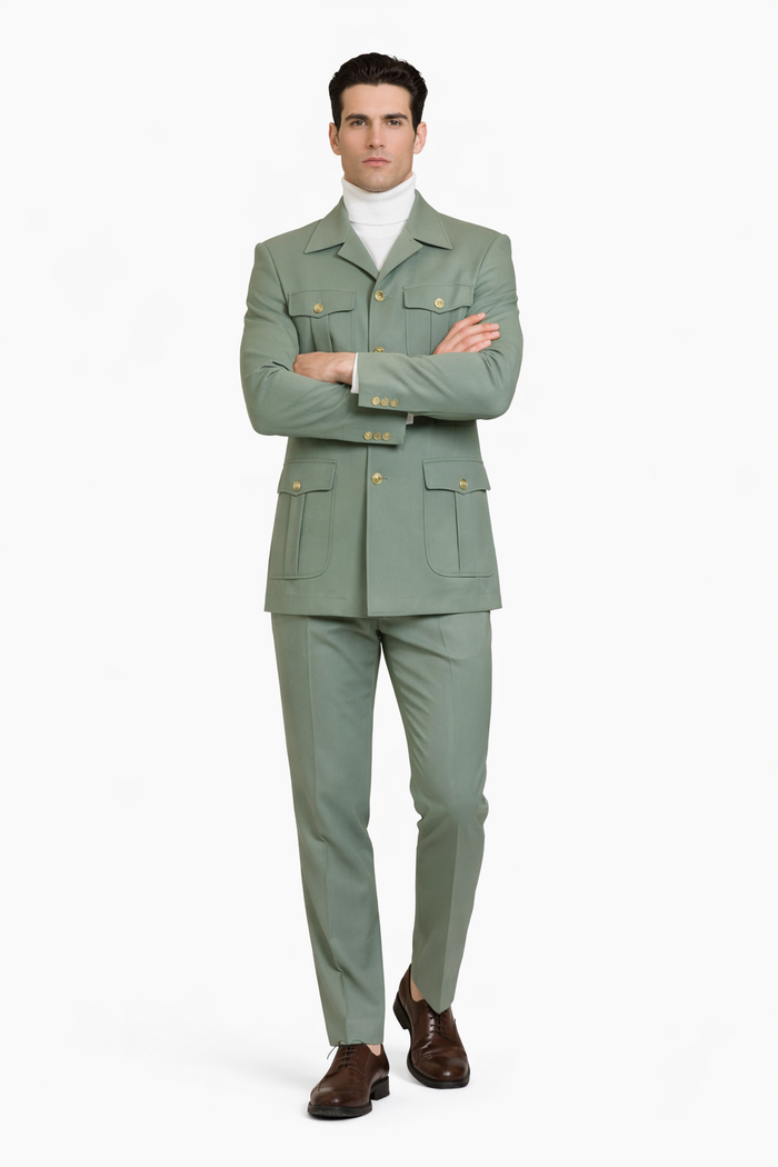 Mens Olive Green Safari Suit Set with Utility Jacket and Adjustable Waist Pants