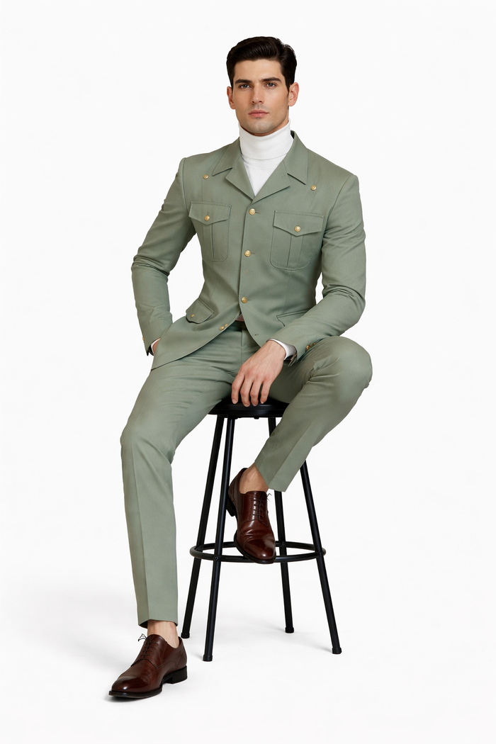 Mens Olive Green Safari Suit Set with Utility Jacket and Adjustable Waist Pants