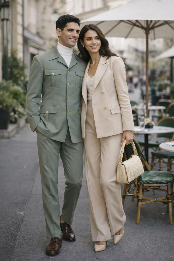 Mens Olive Green Safari Suit Set with Utility Jacket and Adjustable Waist Pants