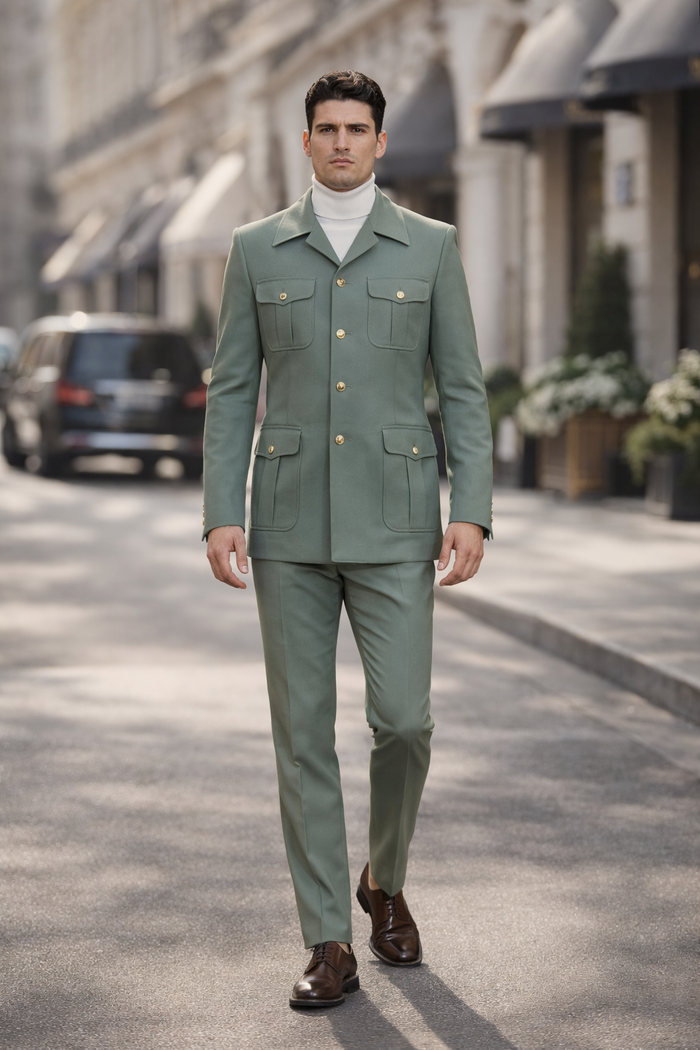 Mens Olive Green Safari Suit Set with Utility Jacket and Adjustable Waist Pants