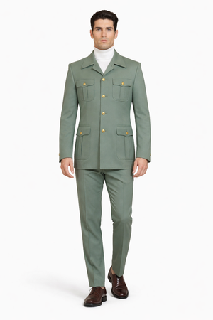 Mens Olive Green Safari Suit Set with Utility Jacket and Adjustable Waist Pants