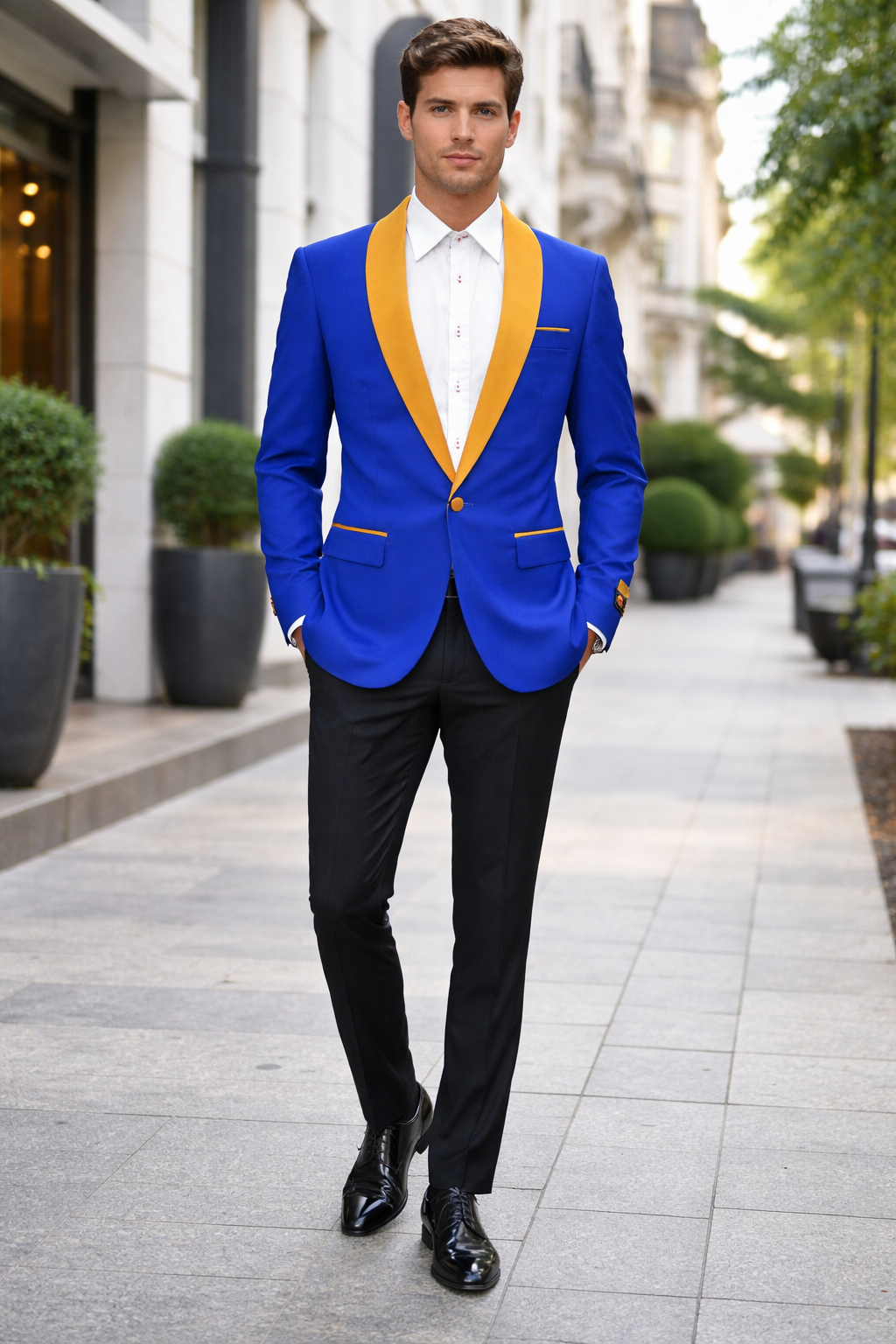 Mens One Button Contrast Shawl Collar Dinner Jacket Royal Blue & Gold