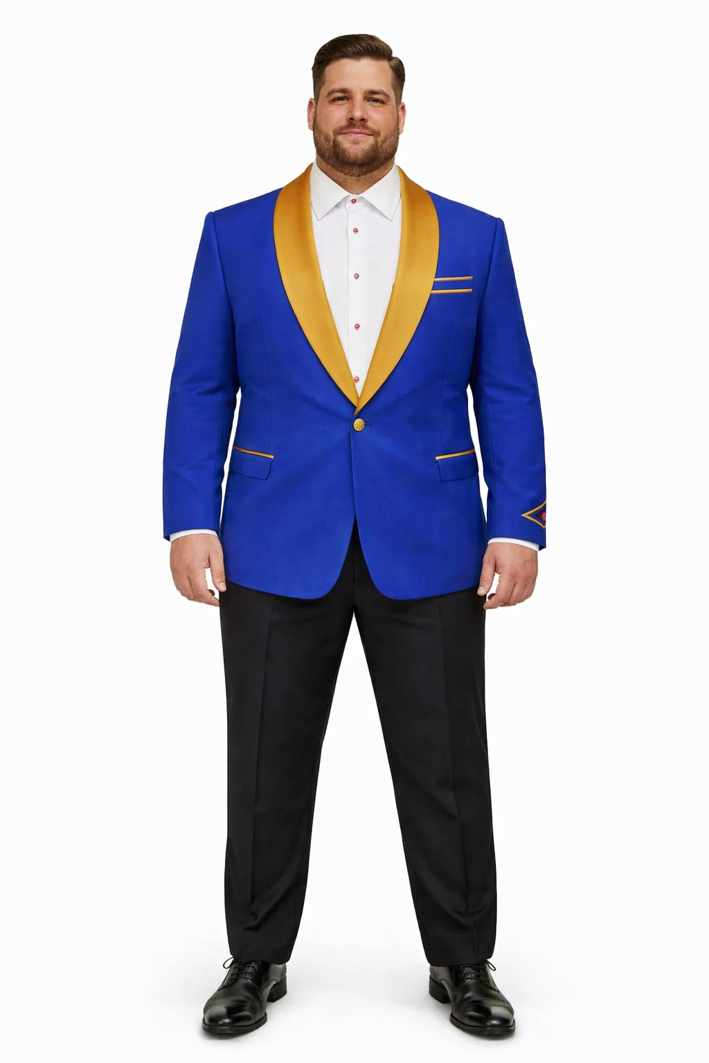 Menstuxedousa Men's One Button Contrast Shawl Collar Dinner Jacket, Royal Blue & Gold Menstuxedousa Men's One Button Contrast Shawl Collar Dinner Jacket, Royal Blue & Gold