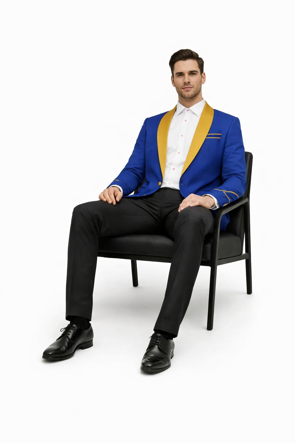 Mens One Button Contrast Shawl Collar Dinner Jacket Royal Blue & Gold