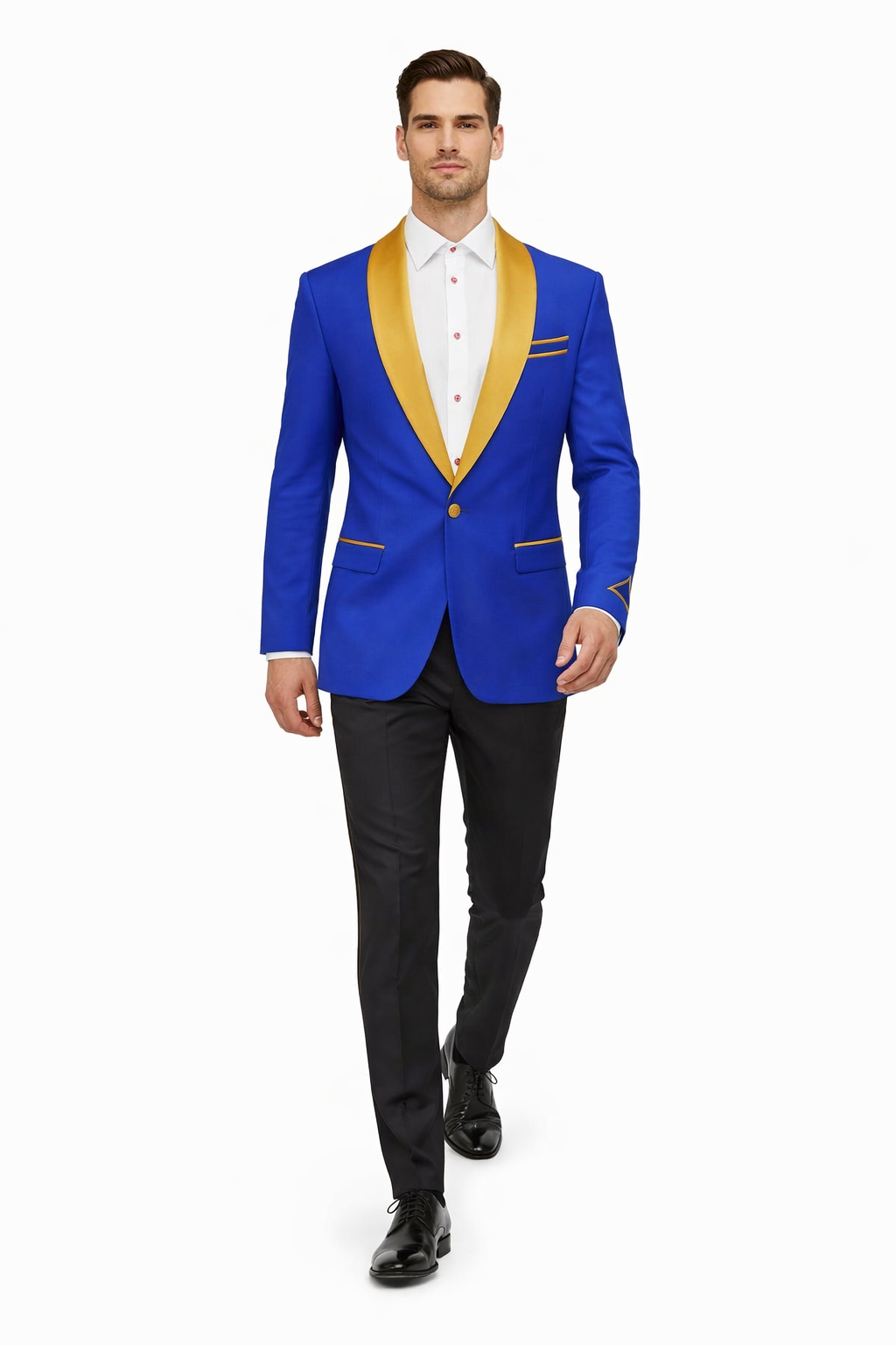 Mens One Button Contrast Shawl Collar Dinner Jacket Royal Blue & Gold