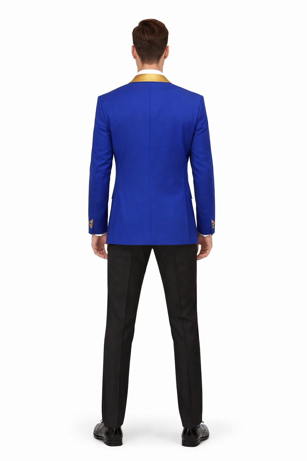 Mens One Button Contrast Shawl Collar Dinner Jacket Royal Blue & Gold