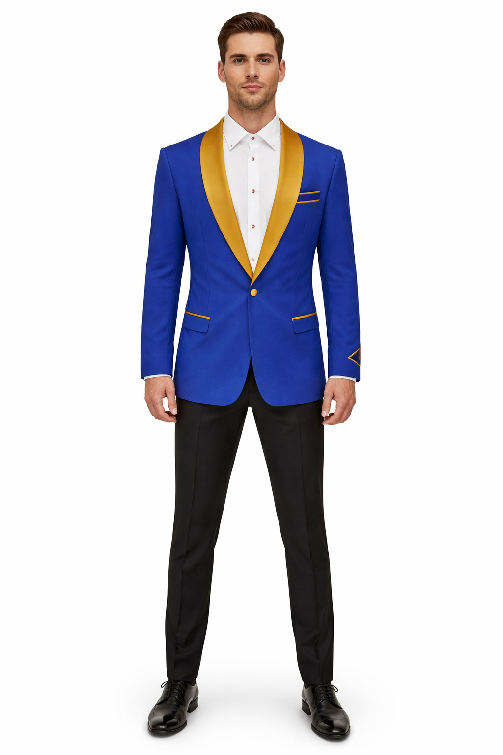 L Mens One Button Contrast Shawl Collar Dinner Jacket Royal Blue & Gold