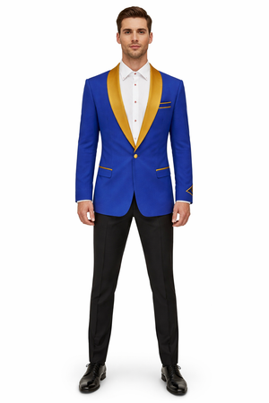 Mens One Button Contrast Shawl Collar Dinner Jacket Royal Blue & Gold