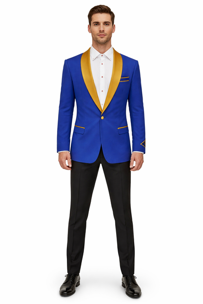 Mens One Button Contrast Shawl Collar Dinner Jacket Royal Blue & Gold