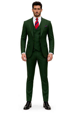 Mens One Button Peak Lapel Double Breasted Vest Wool Suit in Hunter Green
