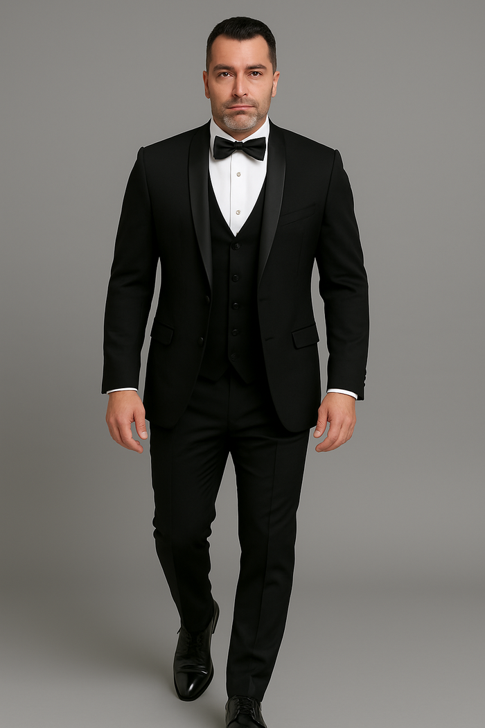 Mens One Button Satin Trim Shawl Tuxedo in Black Wool
