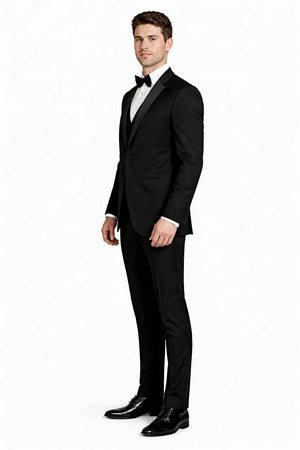 Mens One Button Satin Trim Shawl Tuxedo in Black Wool