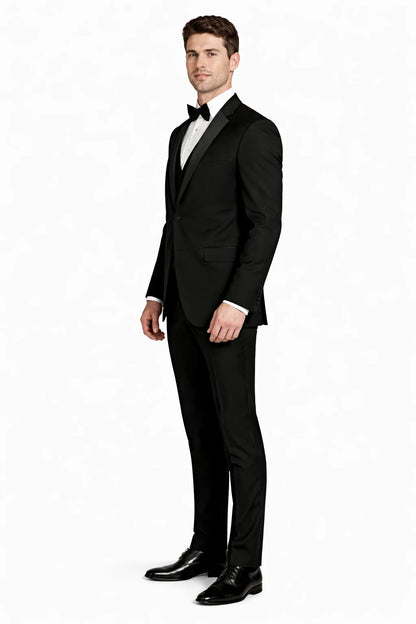 Mens One Button Satin Trim Shawl Tuxedo in Black Wool