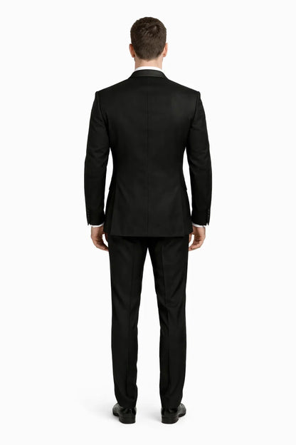 Mens One Button Satin Trim Shawl Tuxedo in Black Wool