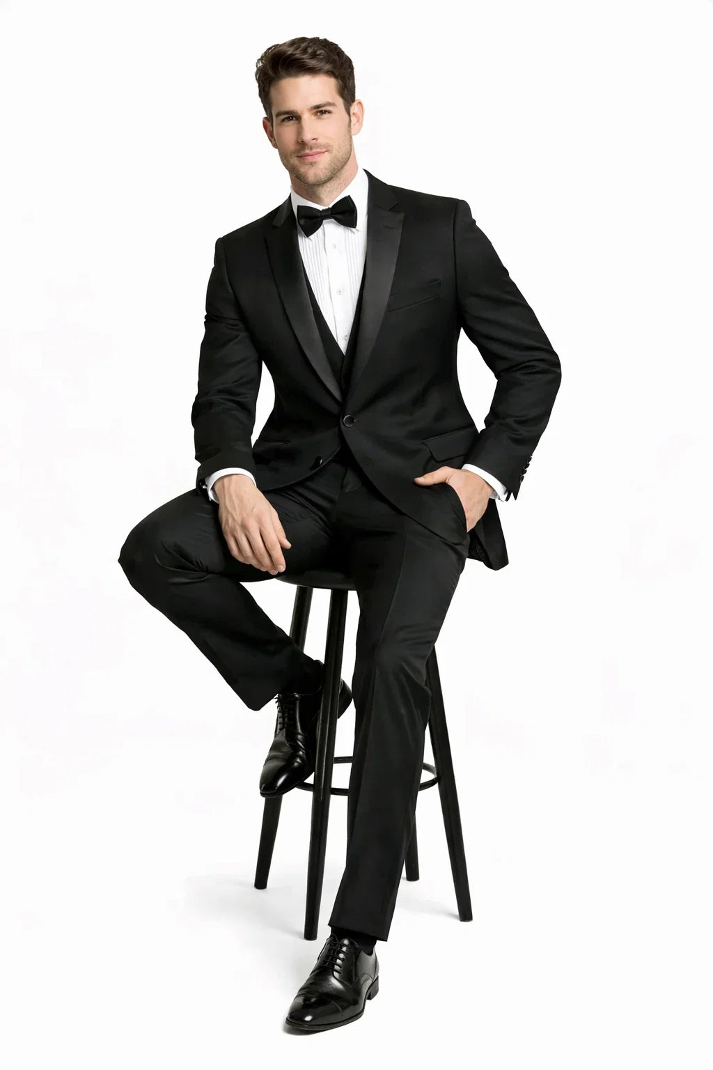 Mens One Button Satin Trim Shawl Tuxedo in Black Wool