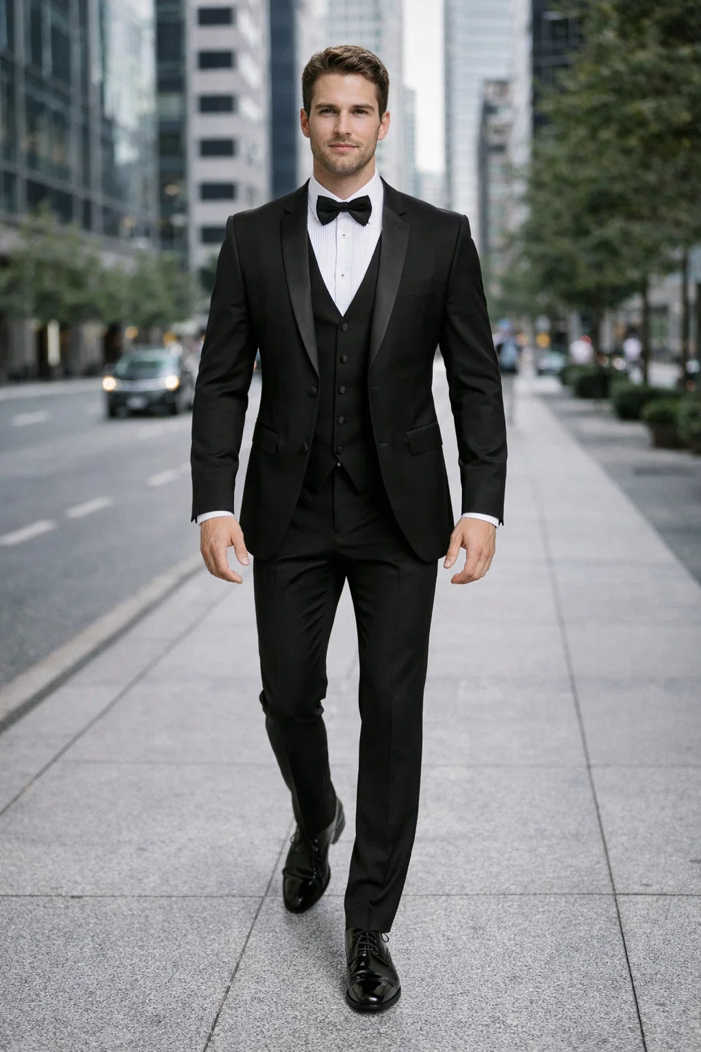 Mens One Button Satin Trim Shawl Tuxedo in Black Wool