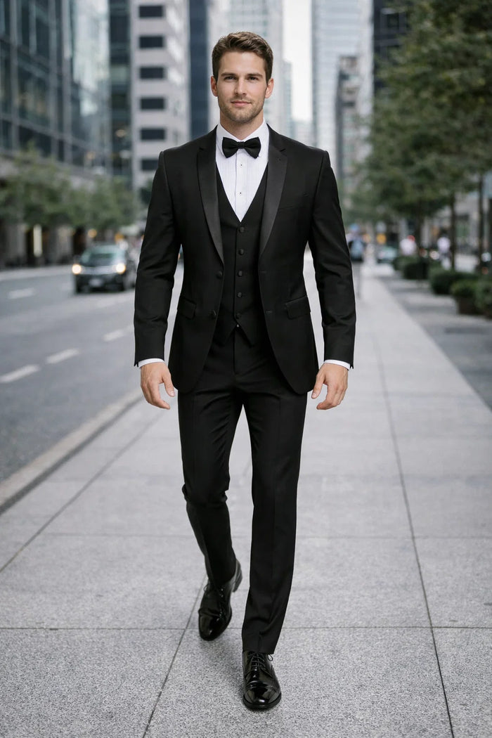 Mens One Button Satin Trim Shawl Tuxedo in Black Wool