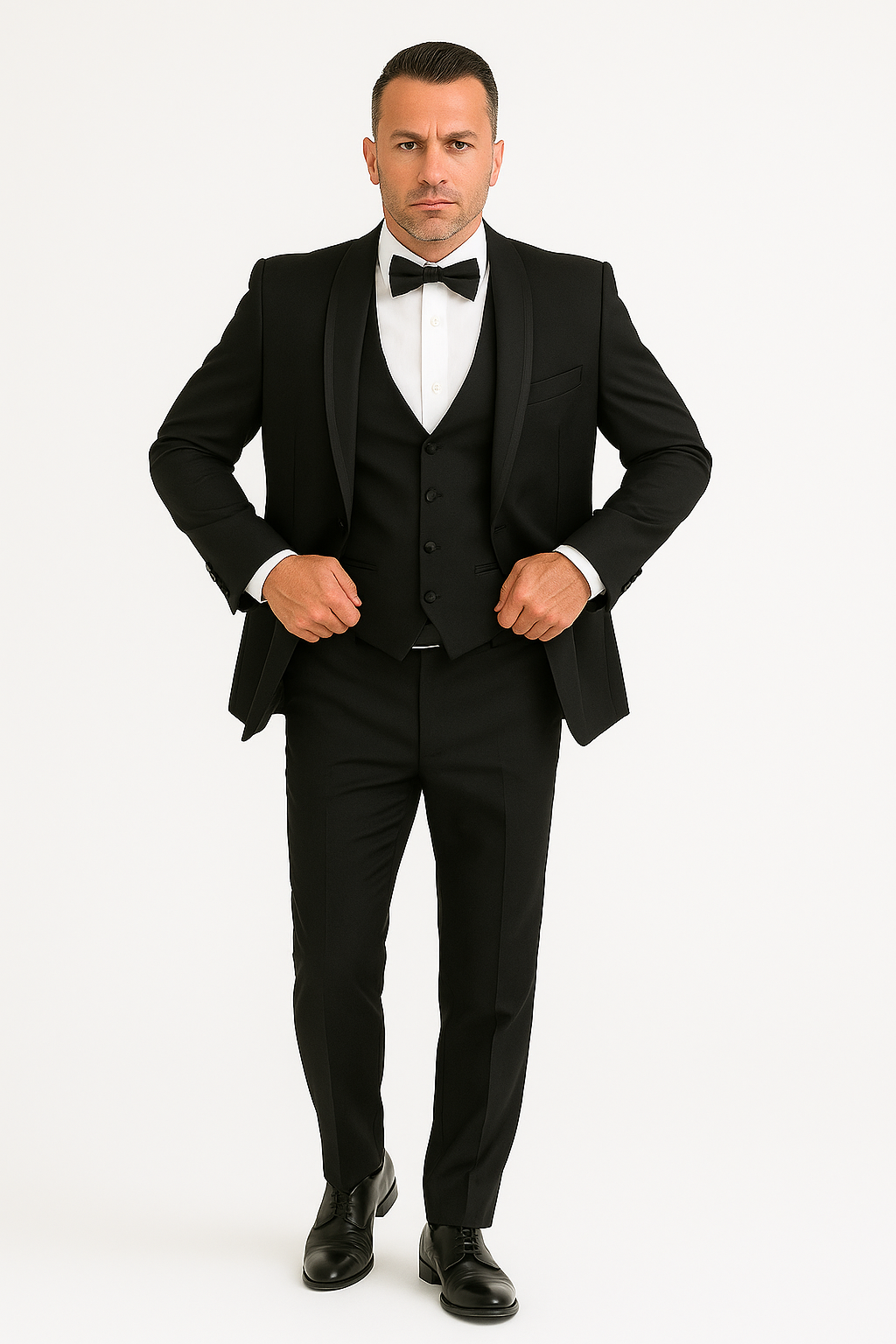 Mens One Button Satin Trim Shawl Tuxedo in Black Wool