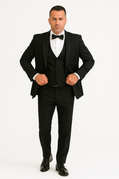 Mens One Button Satin Trim Shawl Tuxedo in Black Wool