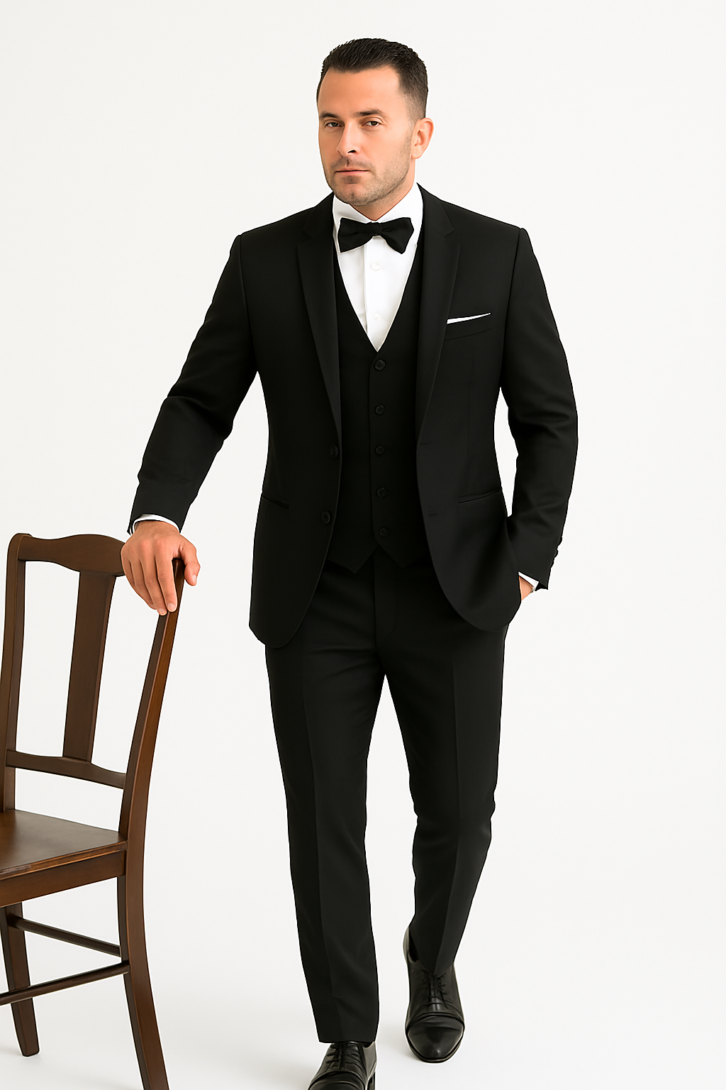 Mens One Button Satin Trim Shawl Tuxedo in Black Wool