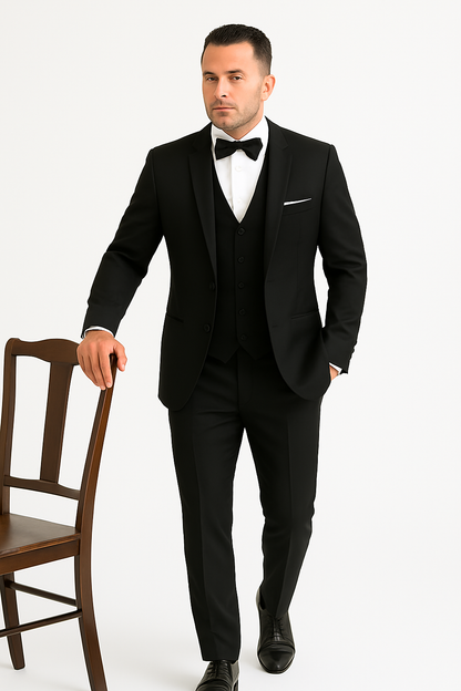 Mens One Button Satin Trim Shawl Tuxedo in Black Wool