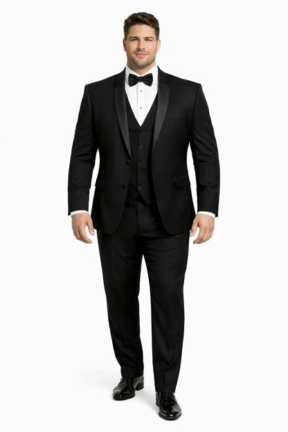 Mens One Button Satin Trim Shawl Tuxedo in Black Wool