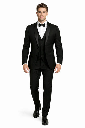 Mens One Button Satin Trim Shawl Tuxedo in Black Wool