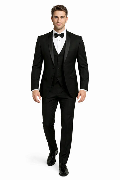 Mens One Button Satin Trim Shawl Tuxedo in Black Wool